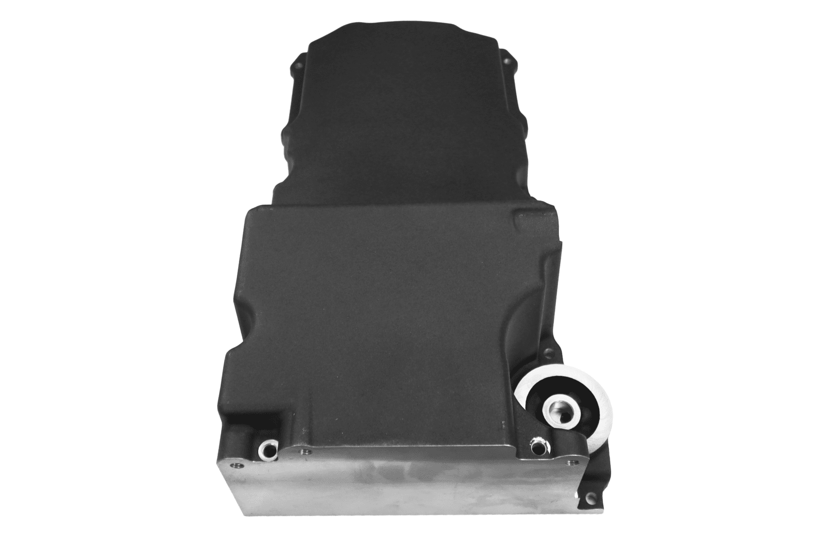 Car engine oil pan, black and silver.