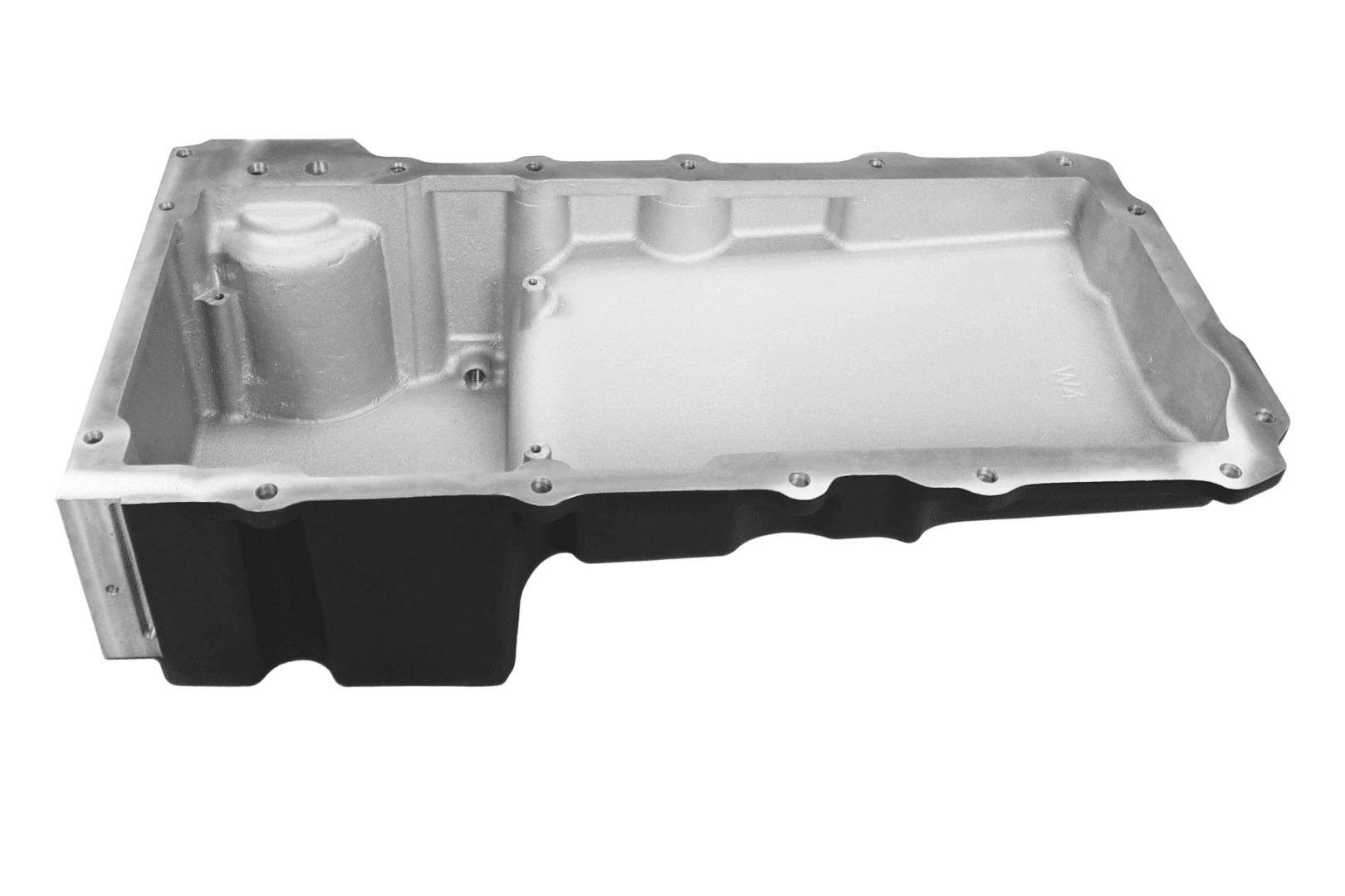Metal engine oil pan on white background.