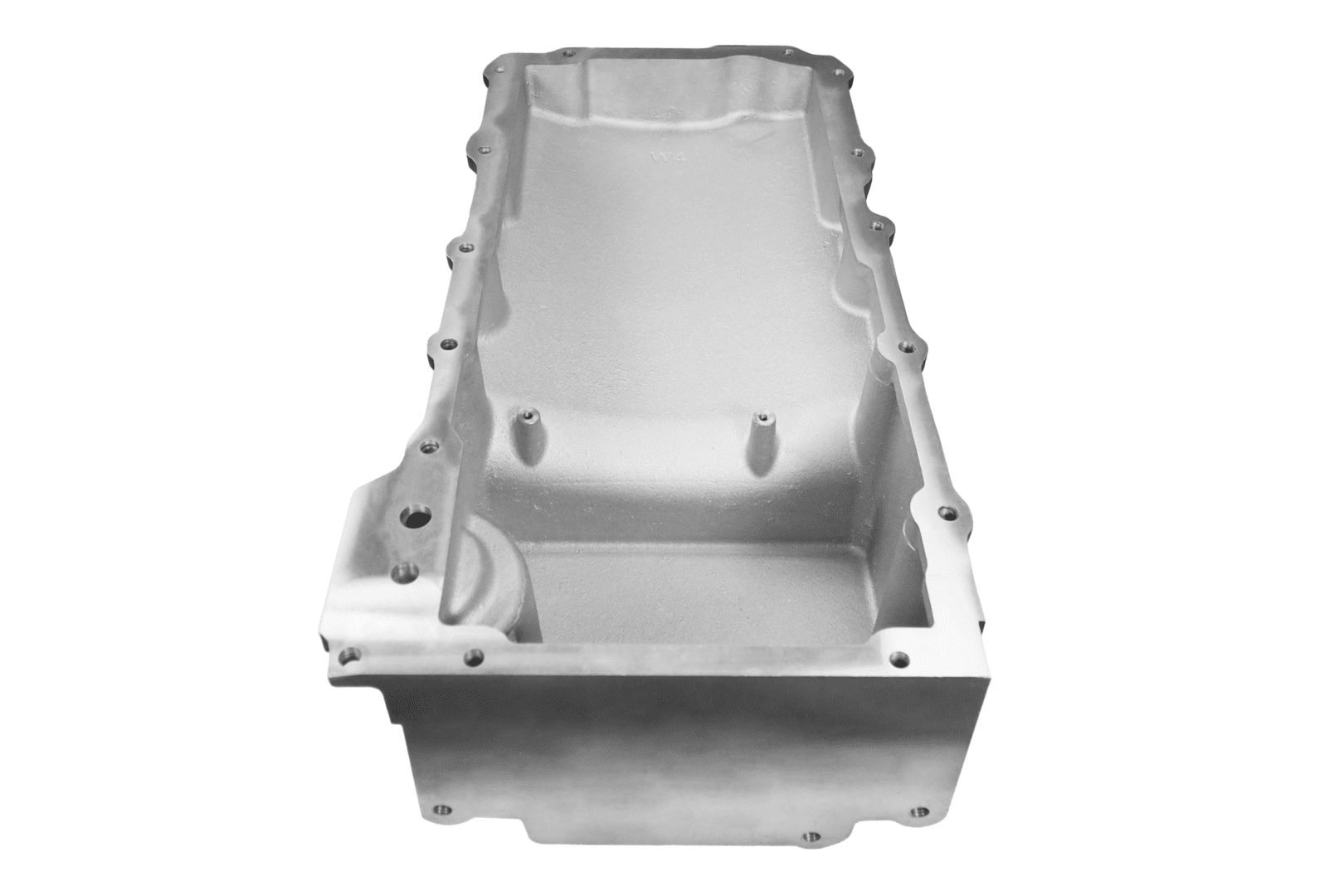 Metal automotive engine oil pan, top view.