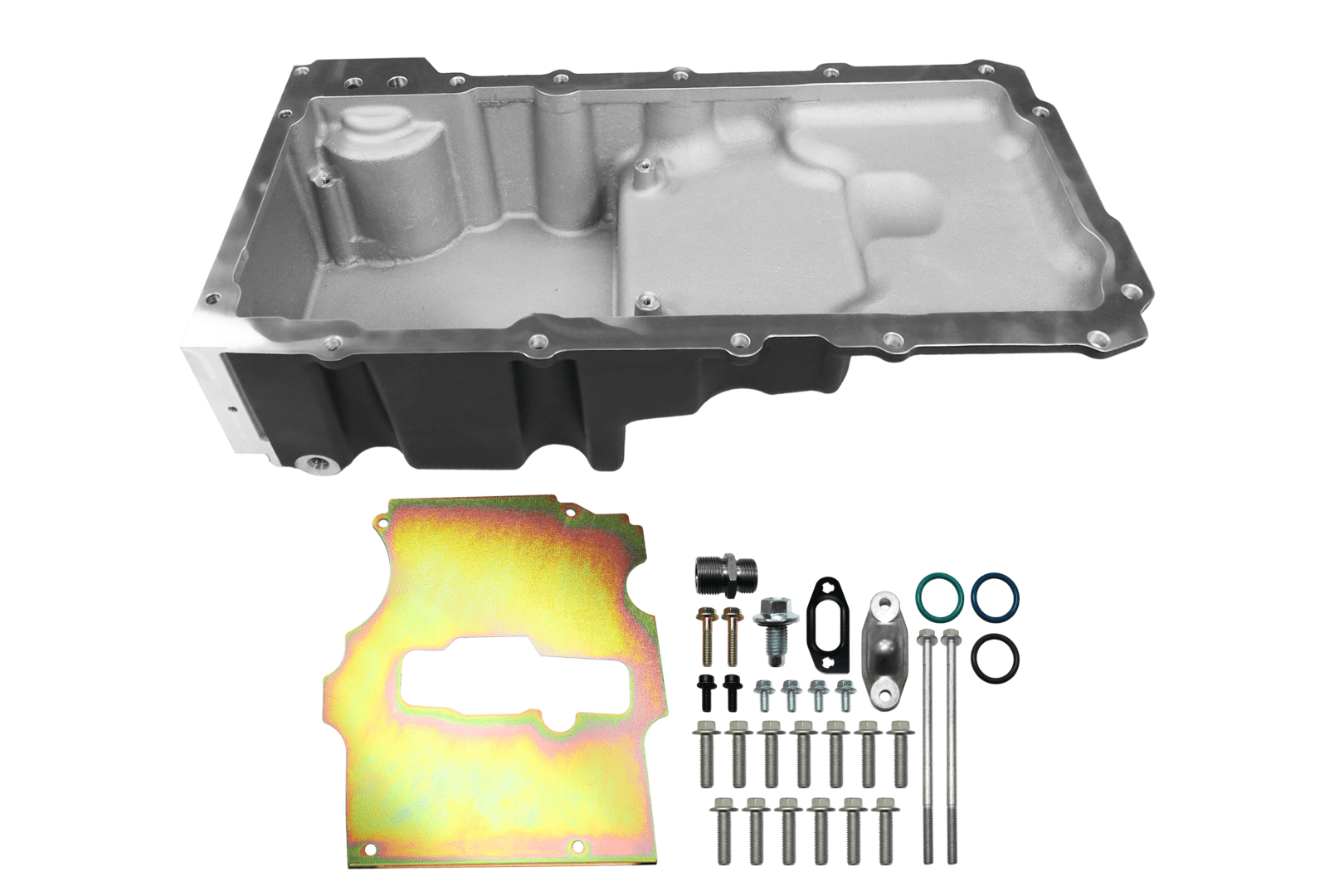 Engine oil pan with hardware components displayed.