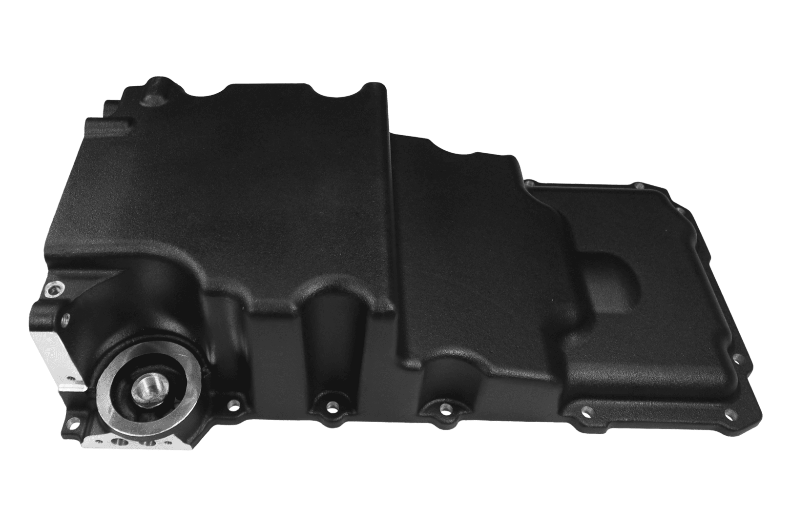 Black engine oil pan on white background.