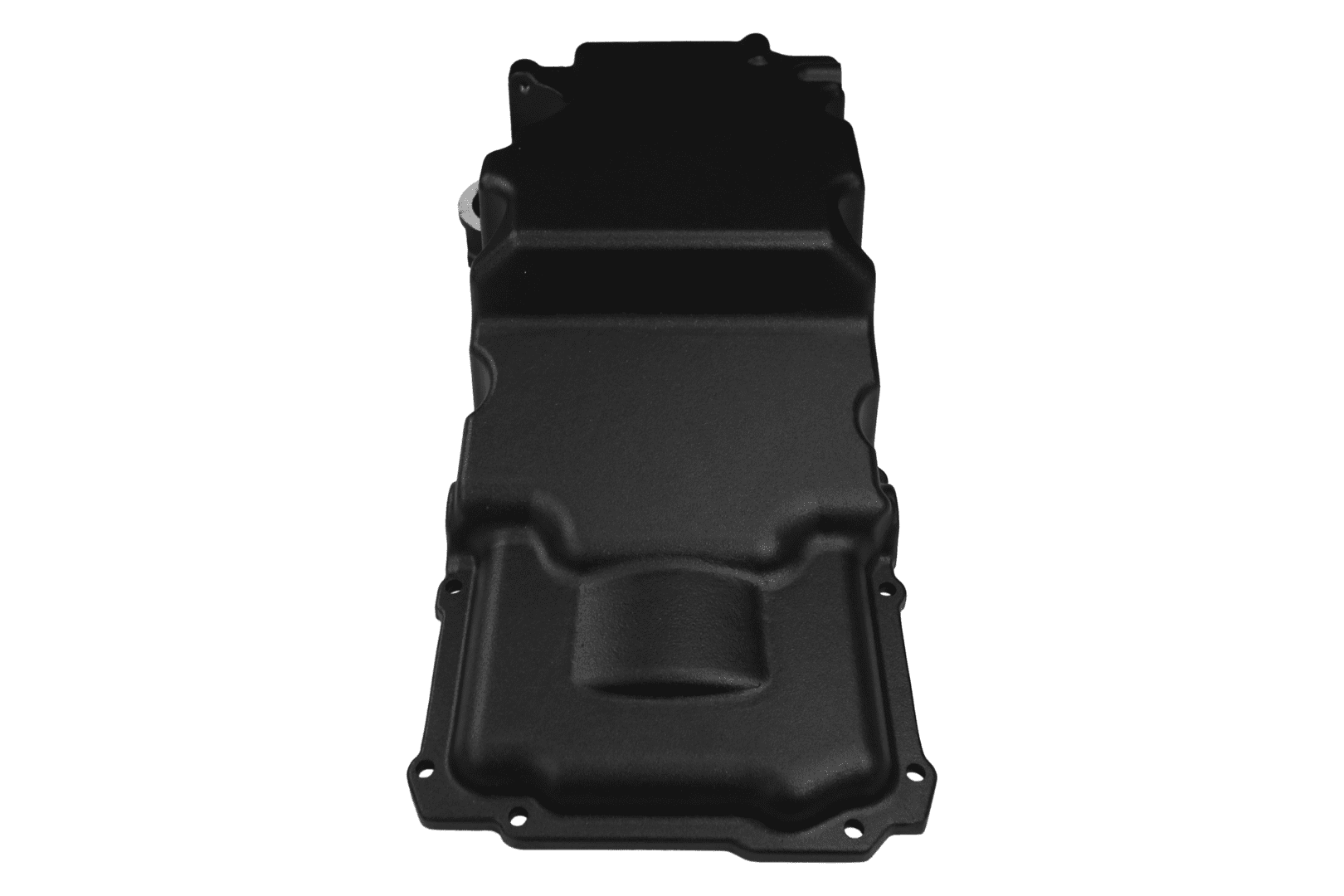 Black metal automotive oil pan.