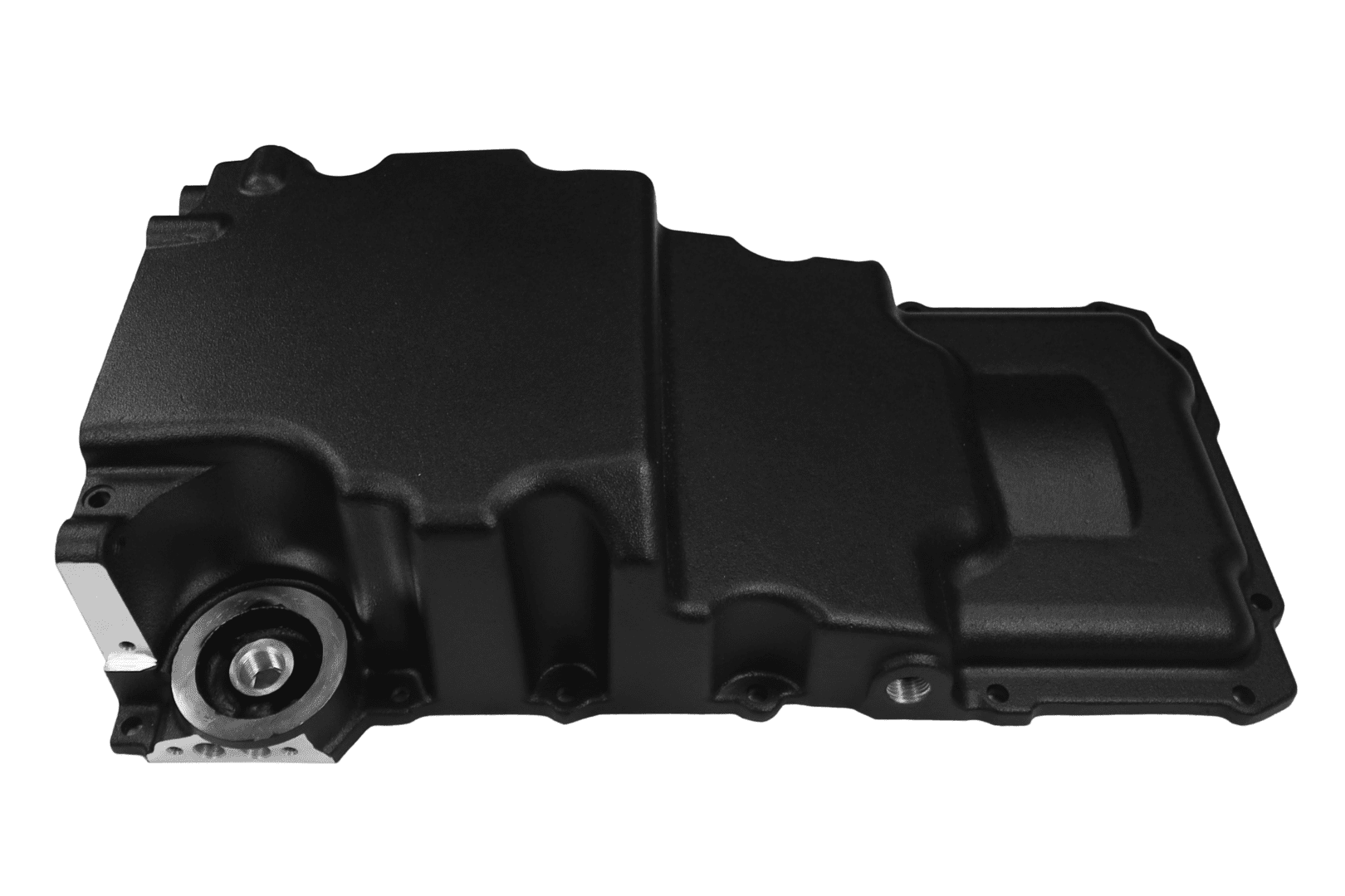 Black automotive gearbox on white background.