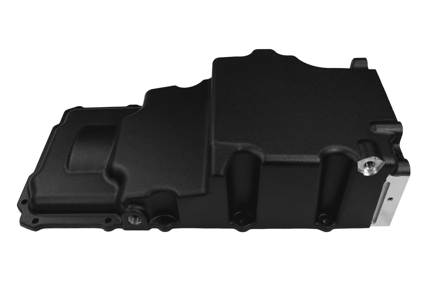 Black engine oil pan on white background.