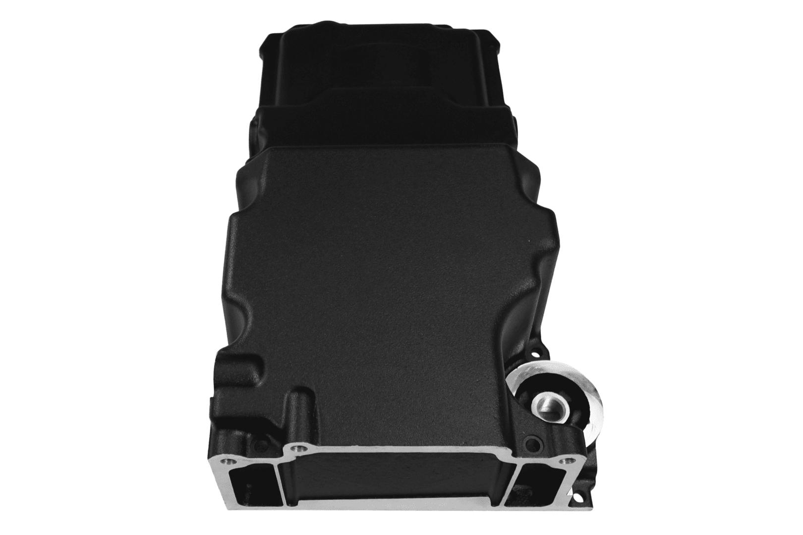 Black engine oil pan, metal automotive part.