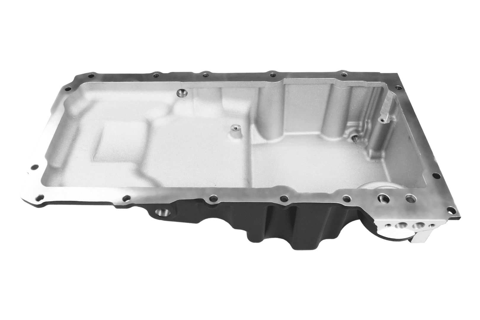 Silver automotive oil pan, top view.