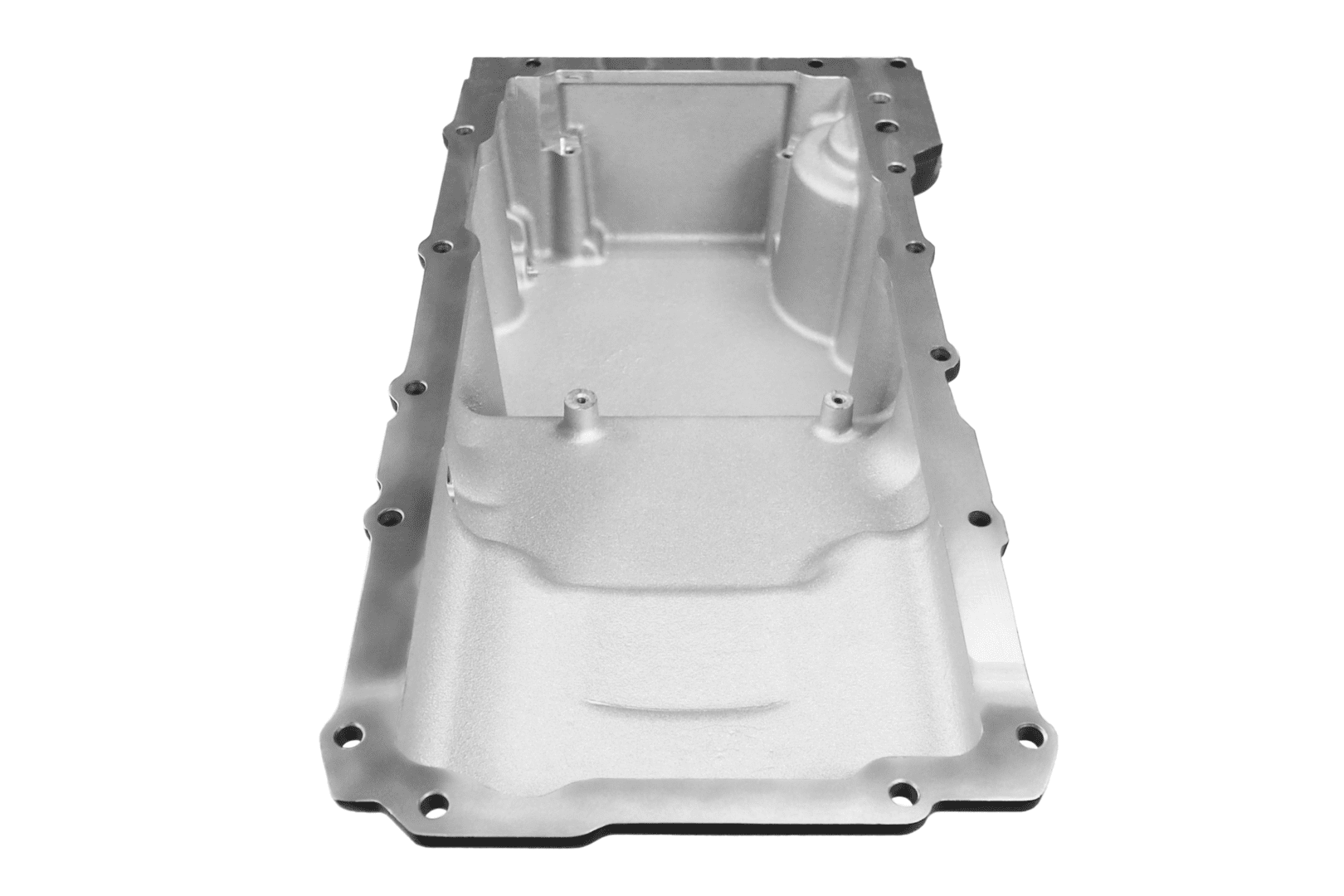 Silver metal automotive engine oil pan.