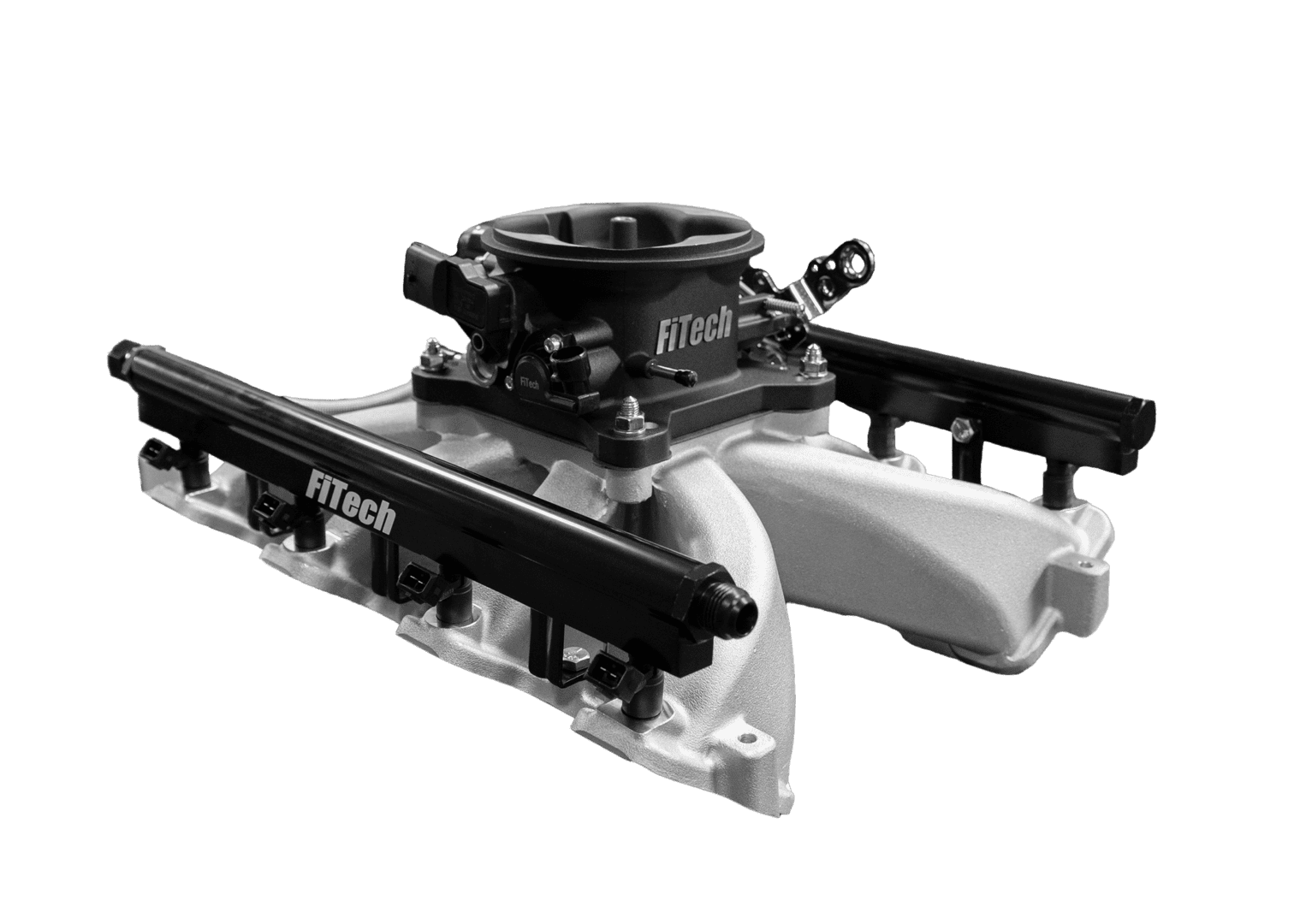 FiTech intake manifold on black background.