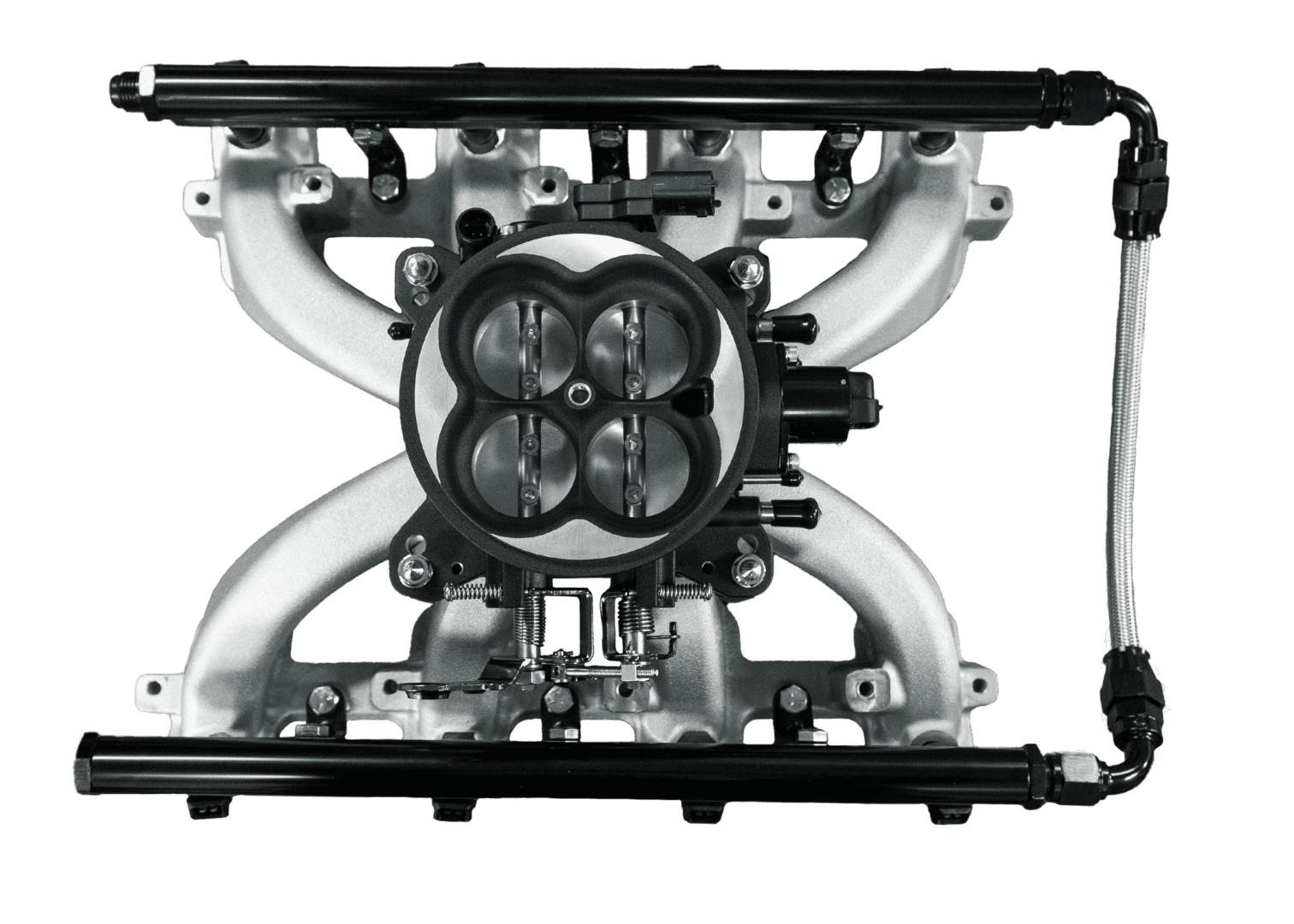 Engine intake manifold with four throttle bodies.