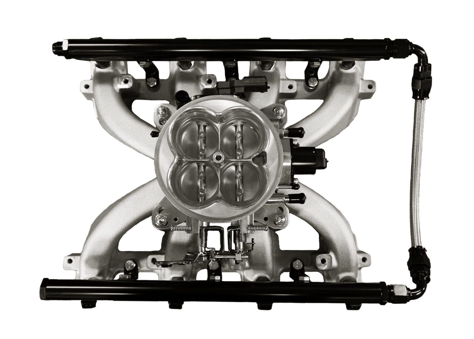 Car engine intake manifold, top view.