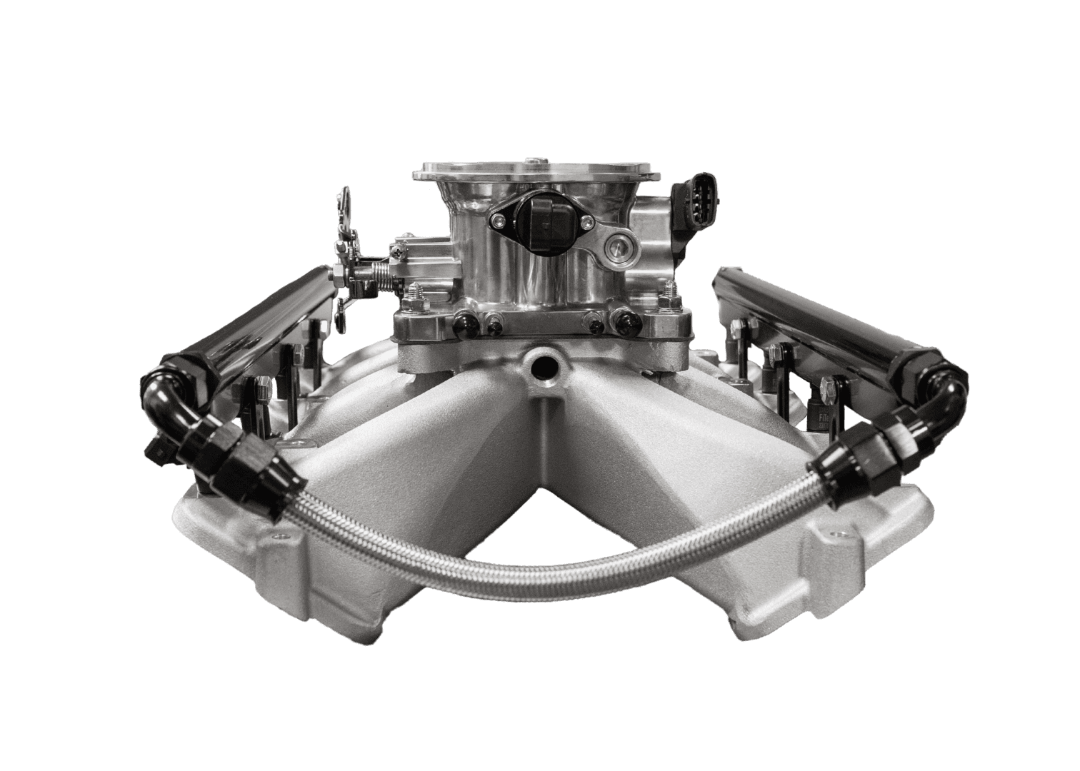 Engine intake manifold on black background.