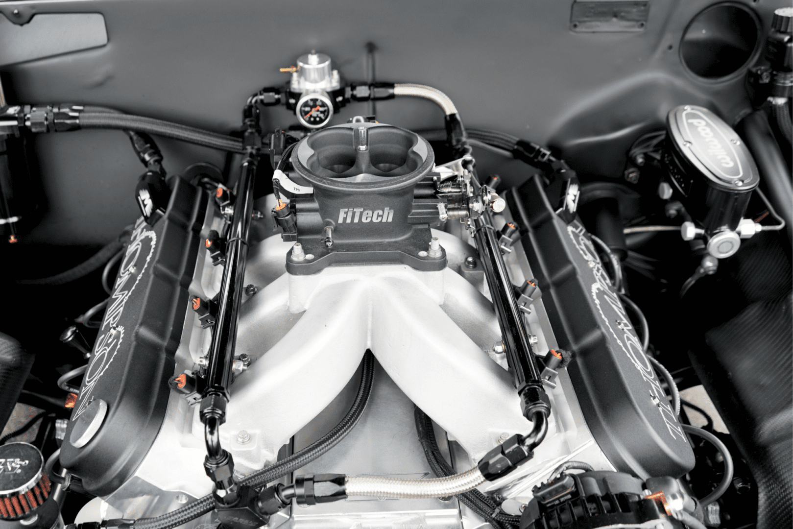 Car engine with FiTech fuel injection system.