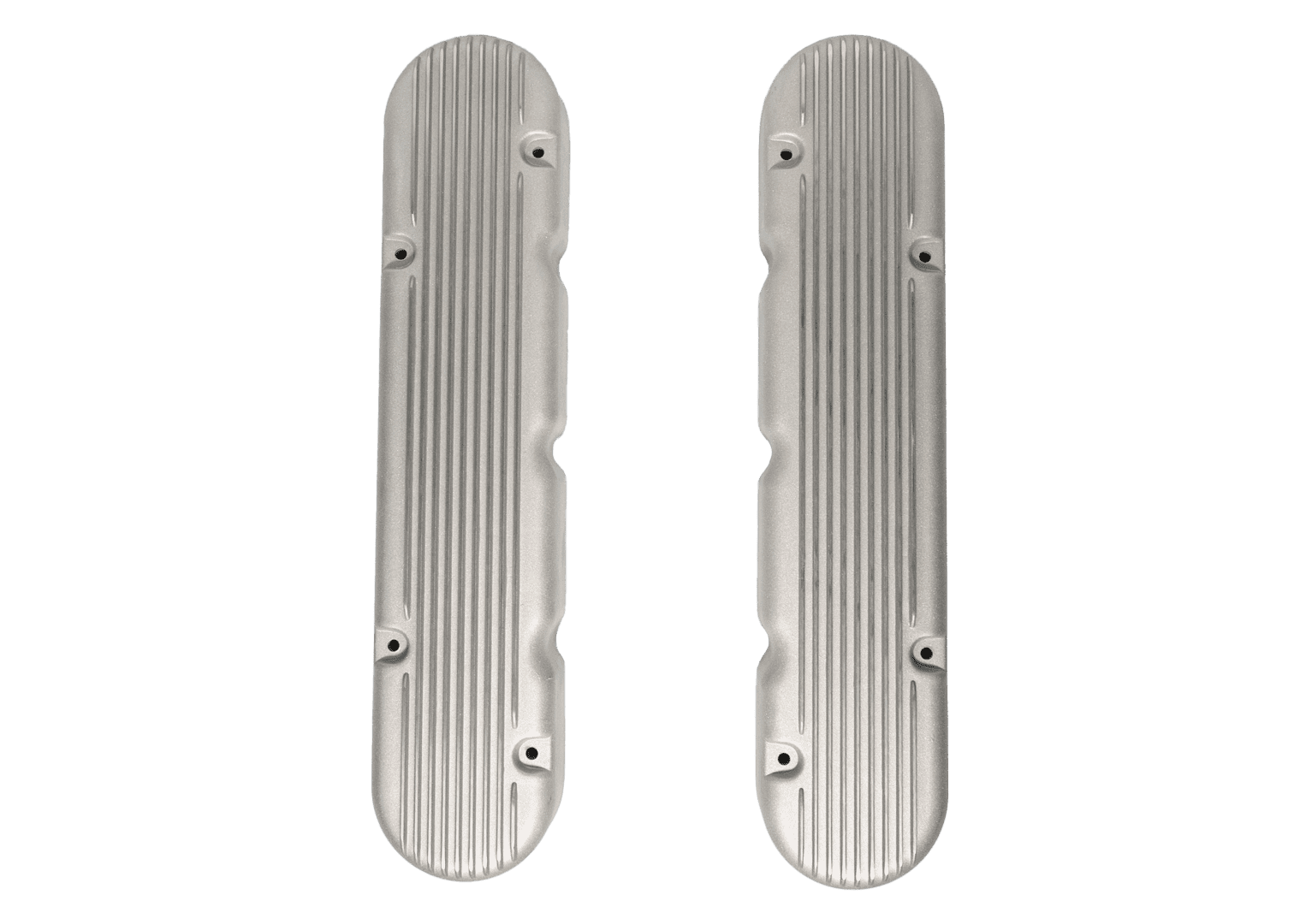 Two ribbed metal engine covers on black.