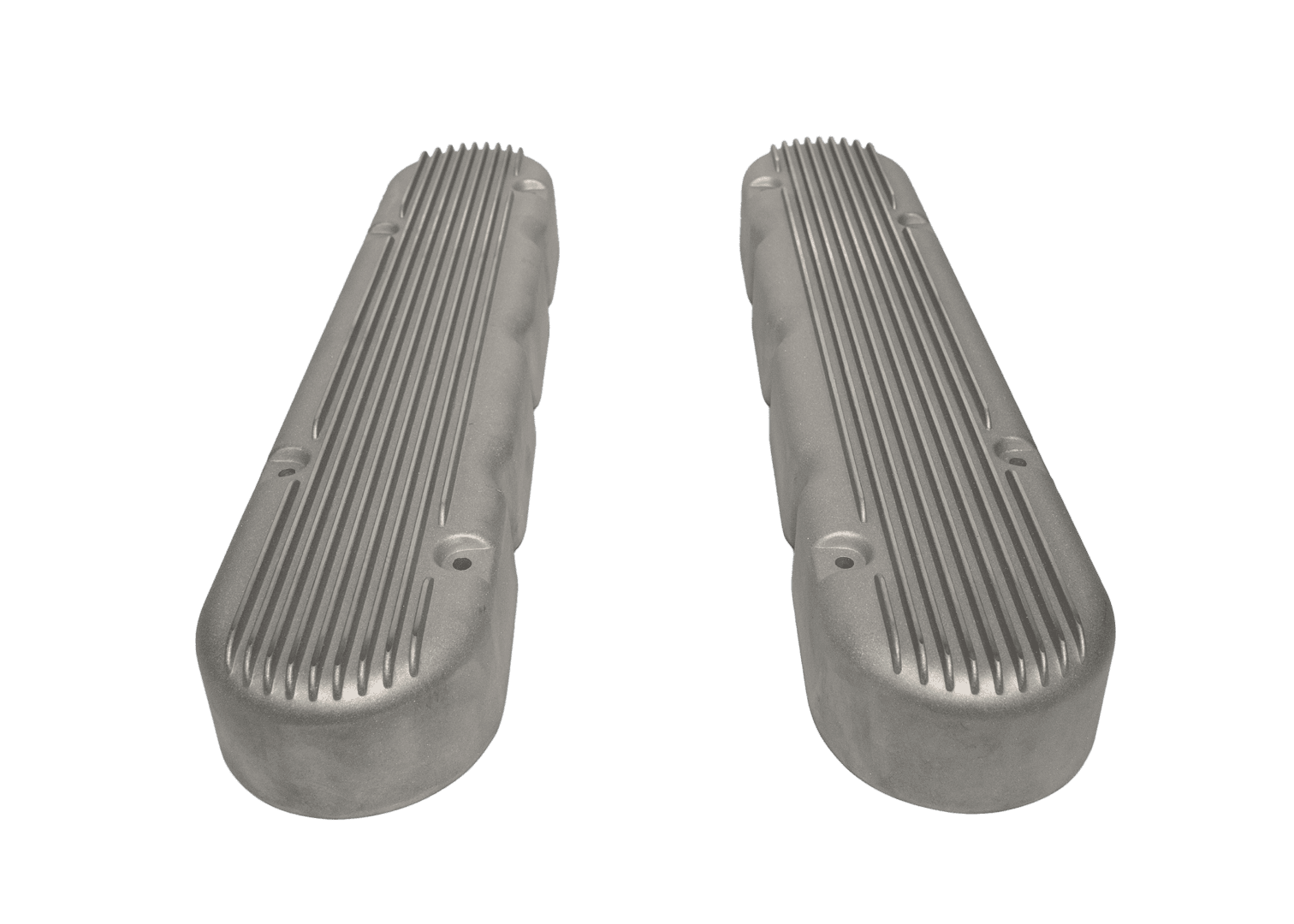 Two silver engine valve covers, black background.