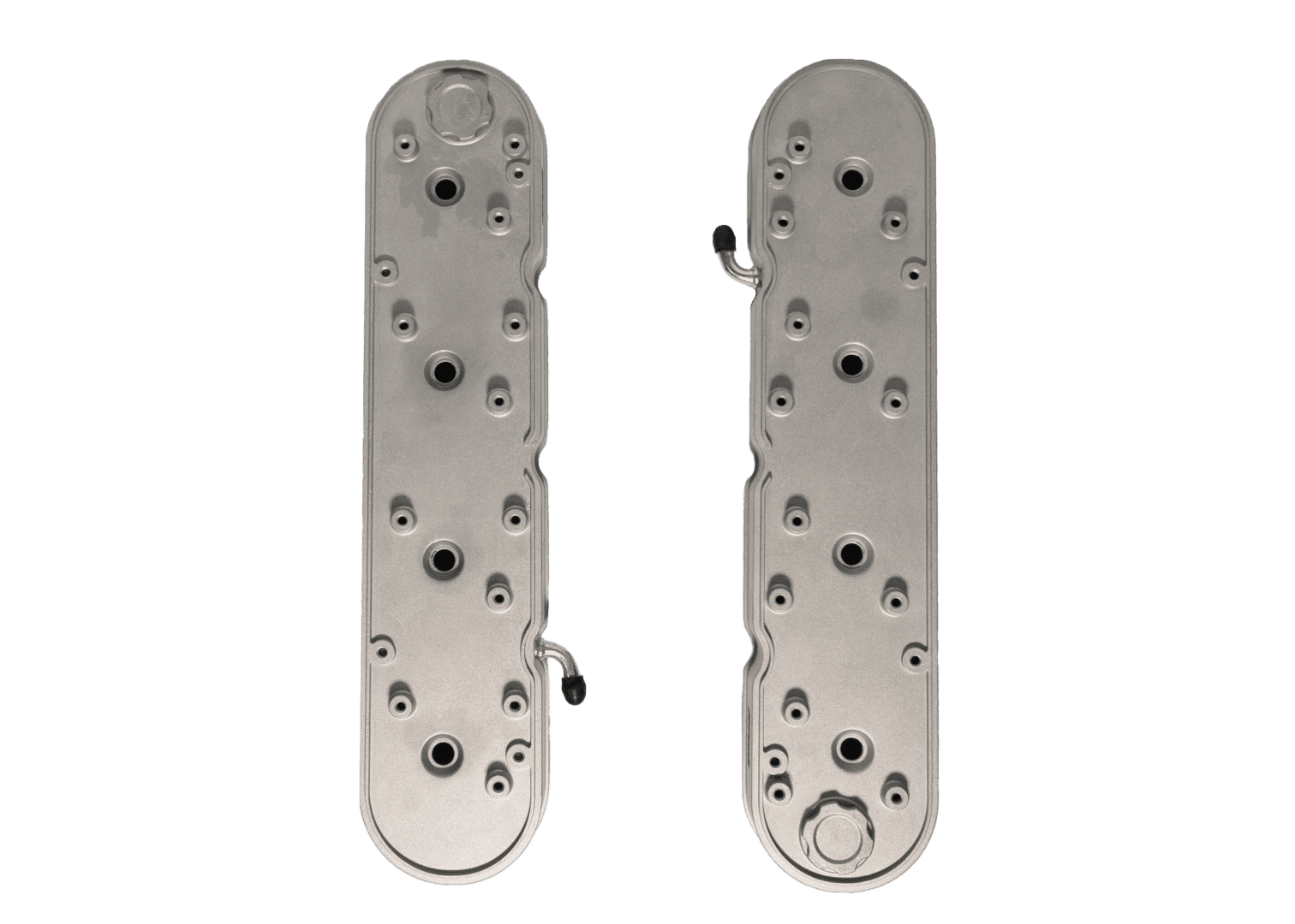 Two metal plates with circular holes.