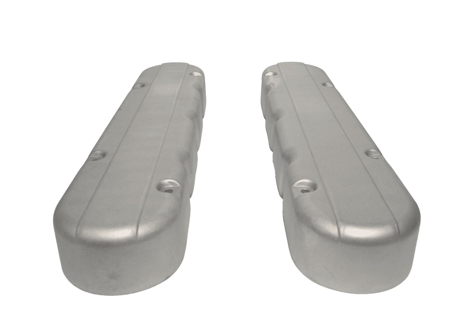 Two silver engine valve covers, black background.