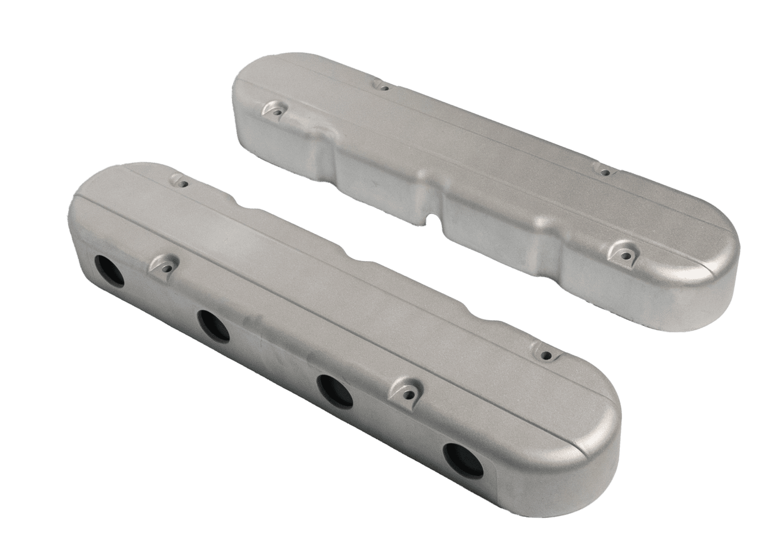 Two silver engine valve covers on black.