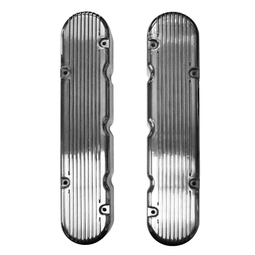 Two chrome engine valve covers, ribbed design.