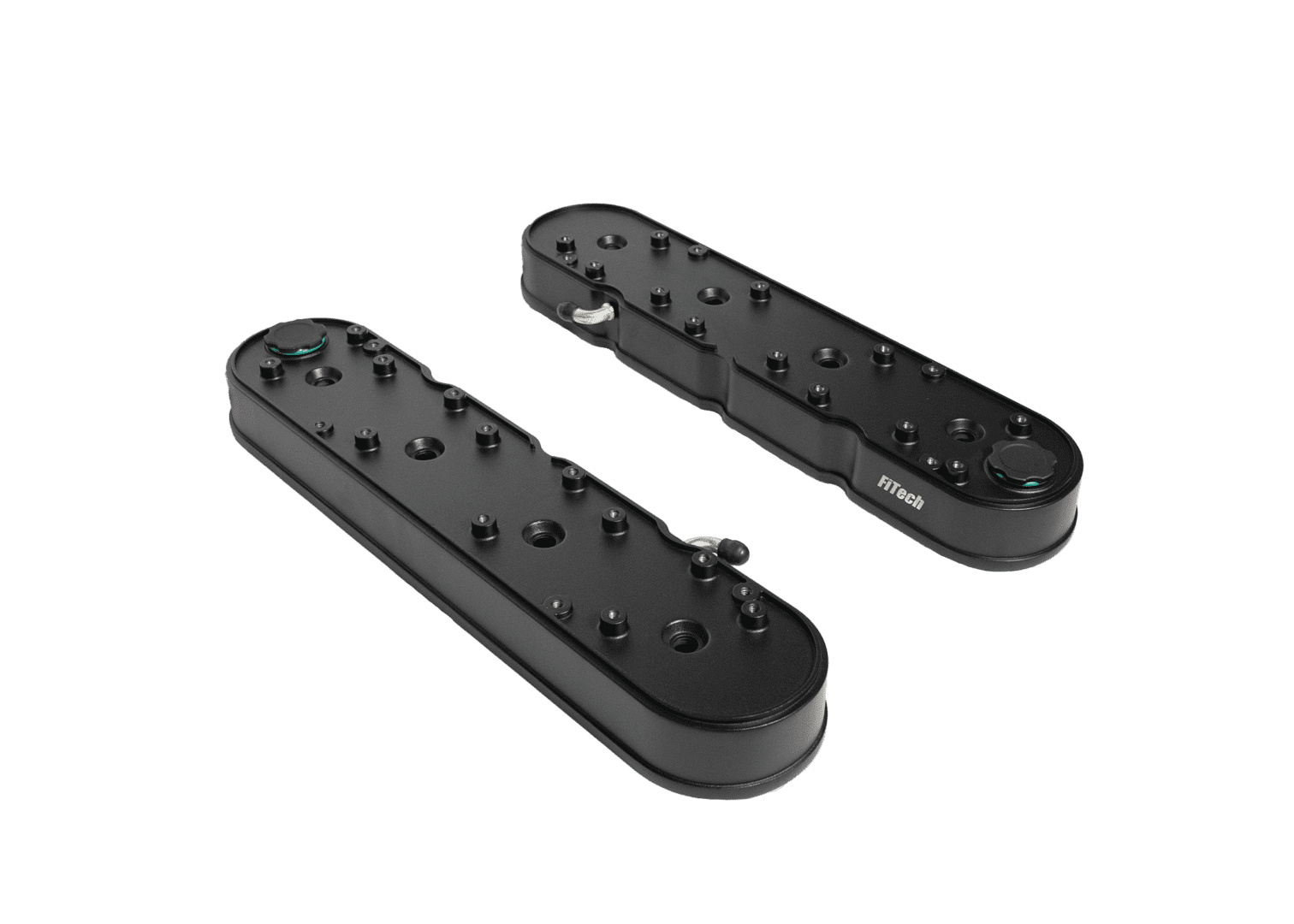 Two black modular pedalboards on black background.