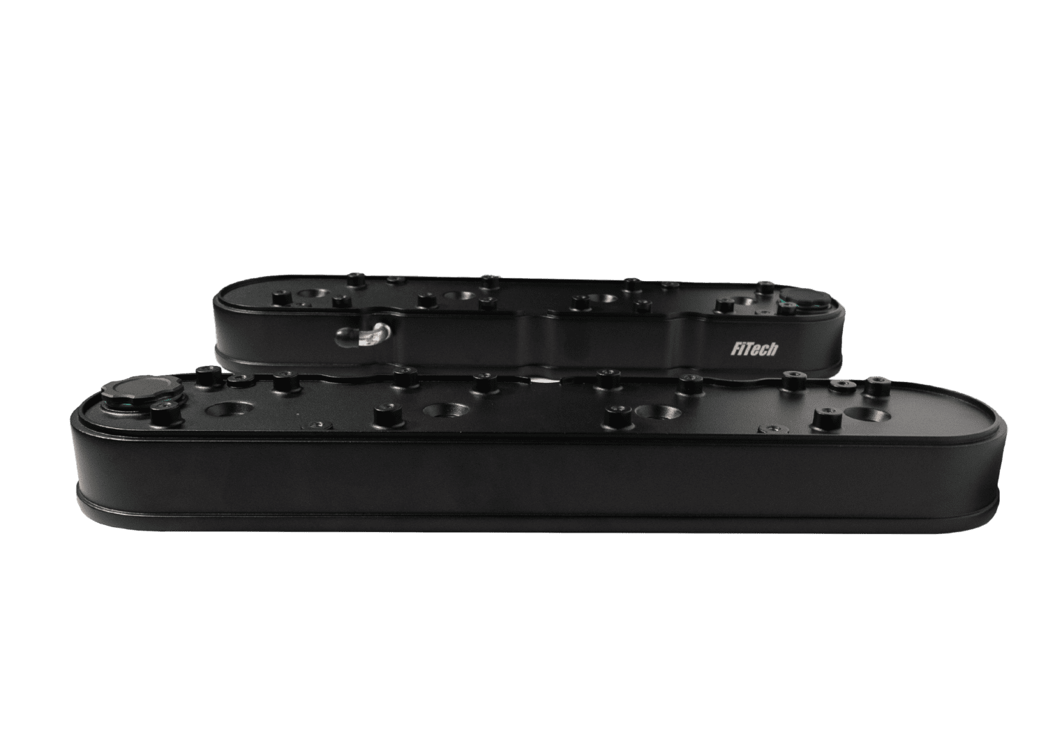 Black mechanical device on black background.