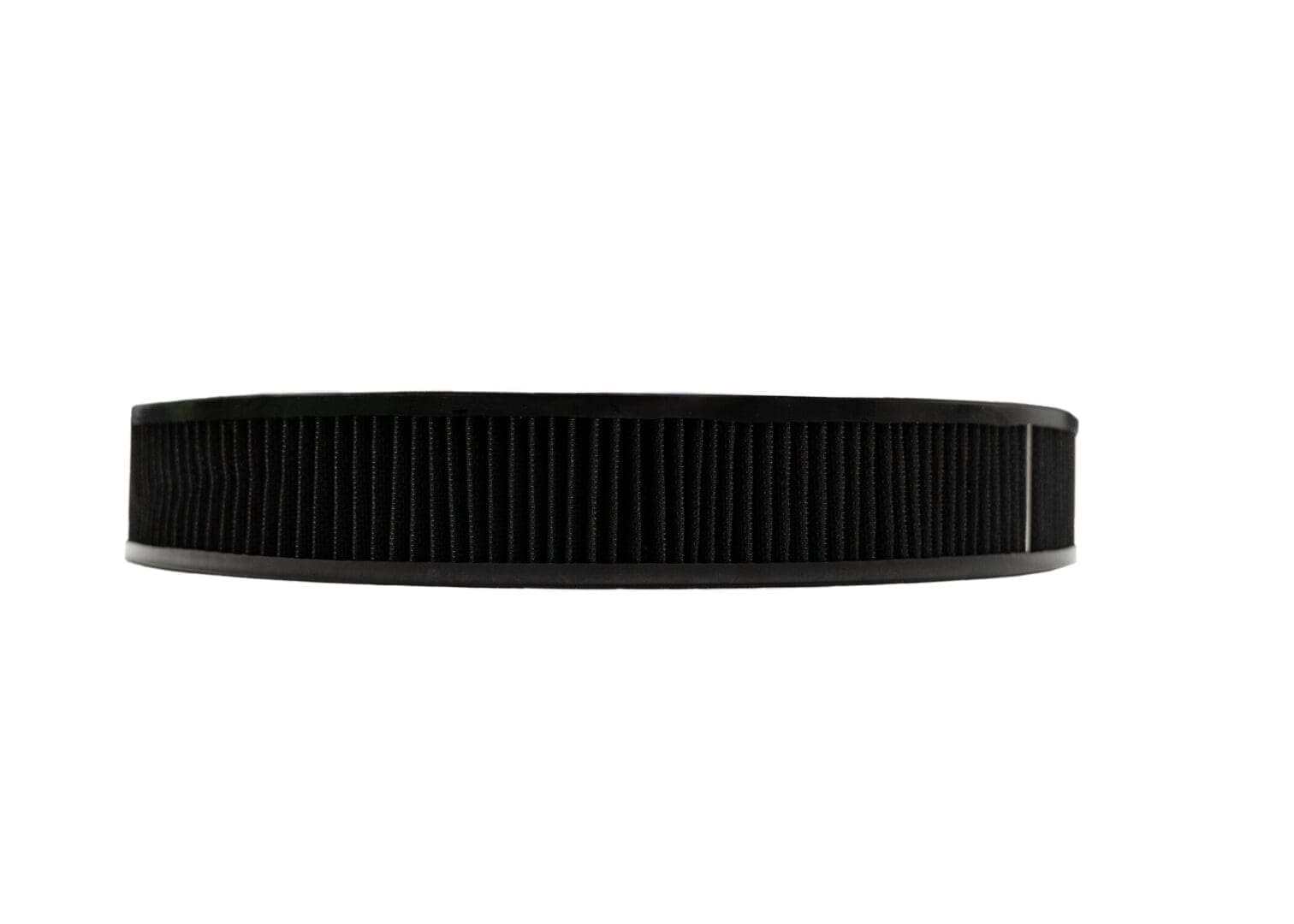 Black round air filter on white background.