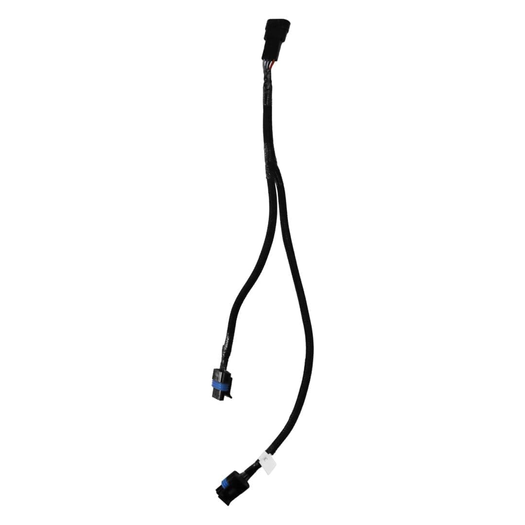 Y-shaped automotive wiring harness with connectors.