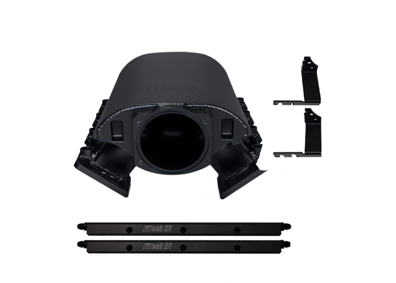 Black car engine intake manifold with brackets.