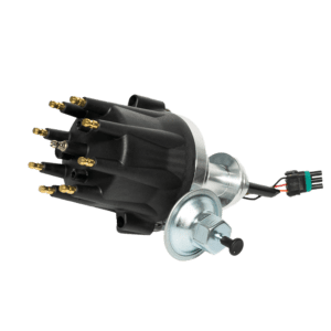 Distributor cap and rotor on black background.