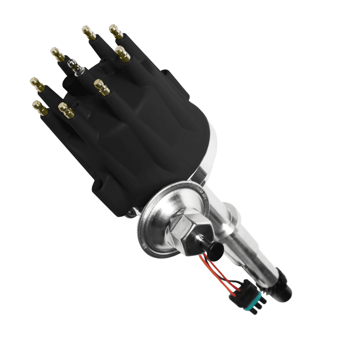 Car distributor with ignition wires and connectors.