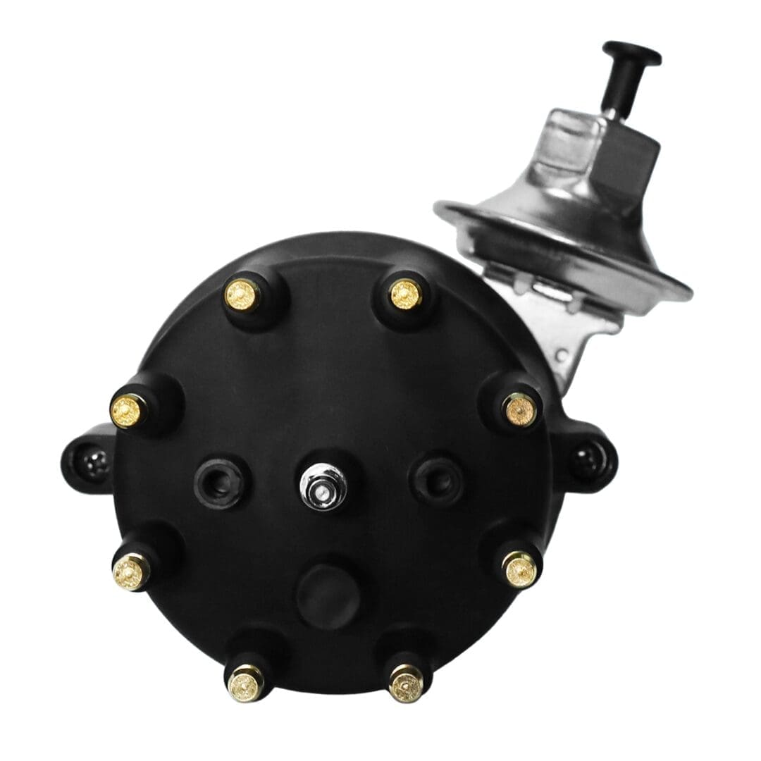 Ignition distributor with vacuum advance mechanism.