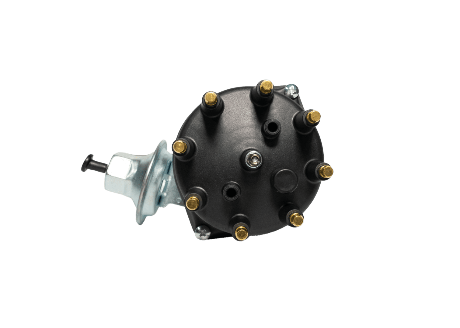 Black automotive component with metal fittings.