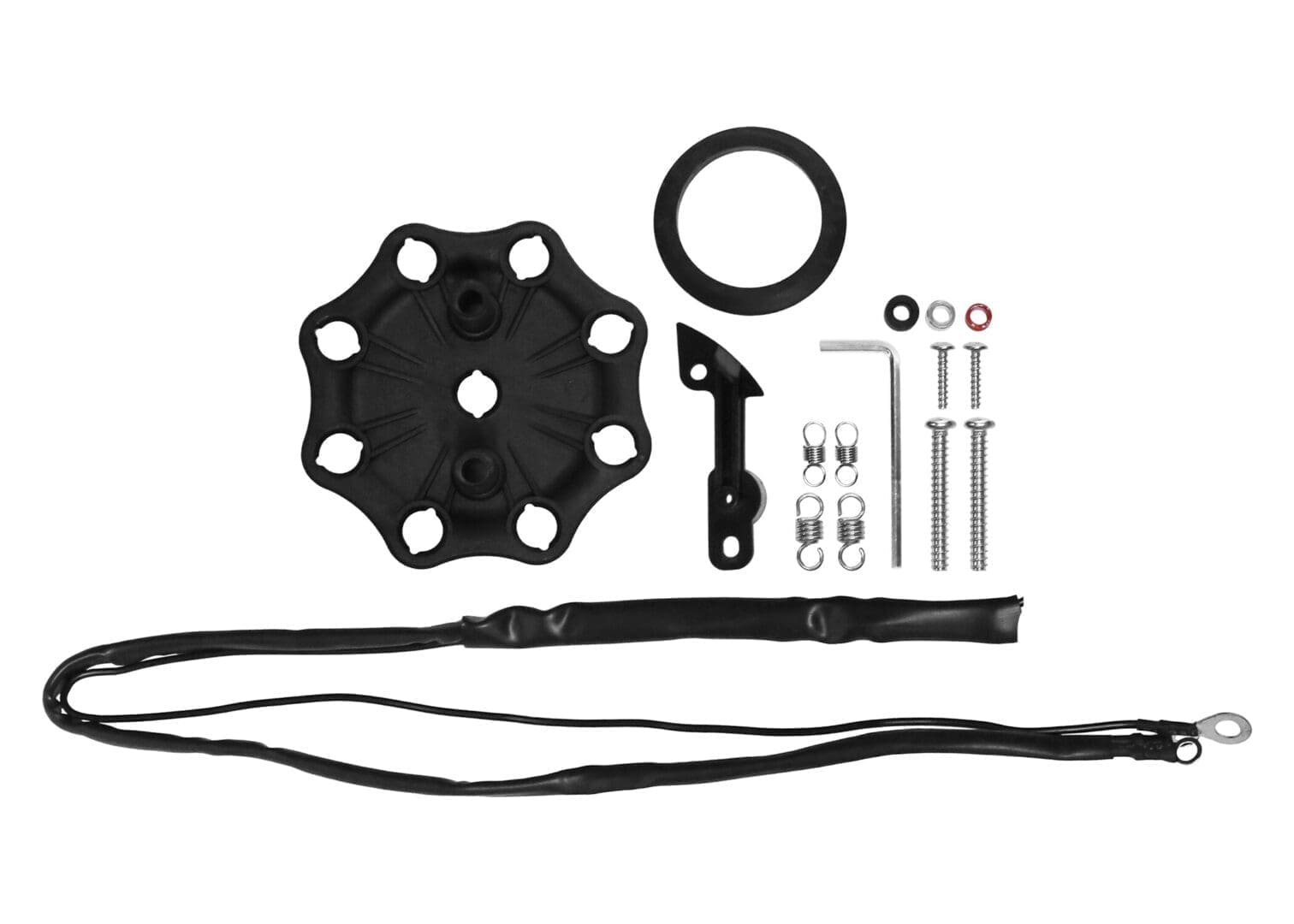 Bicycle repair kit with various components.