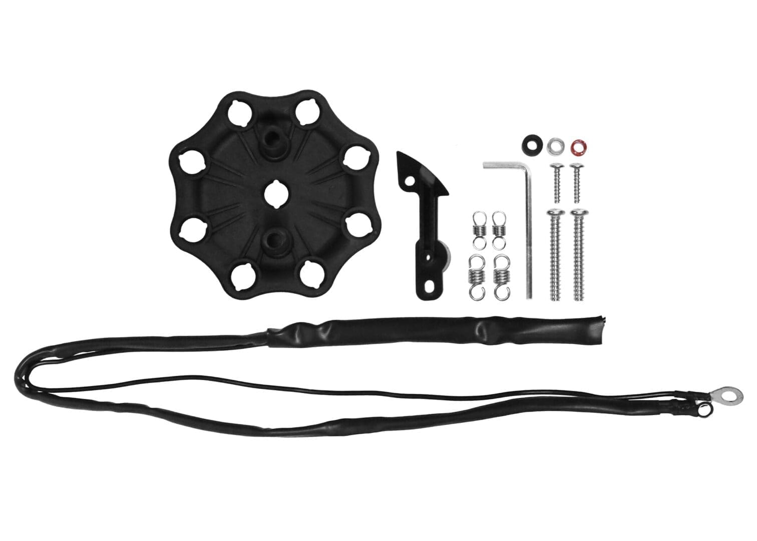 Hardware components with cables and screws set.