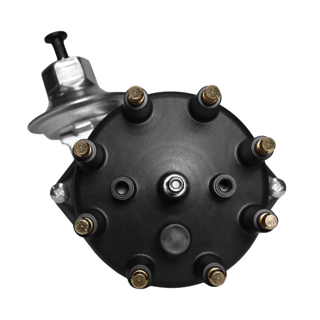 Black automotive distributor cap with metal connector.