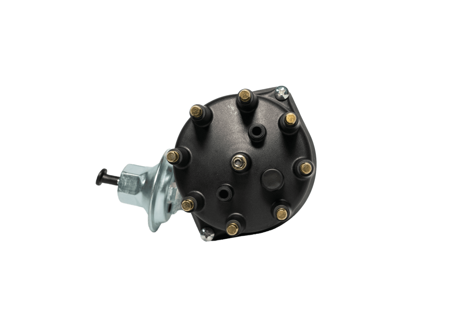 Black mechanical component with multiple connectors.