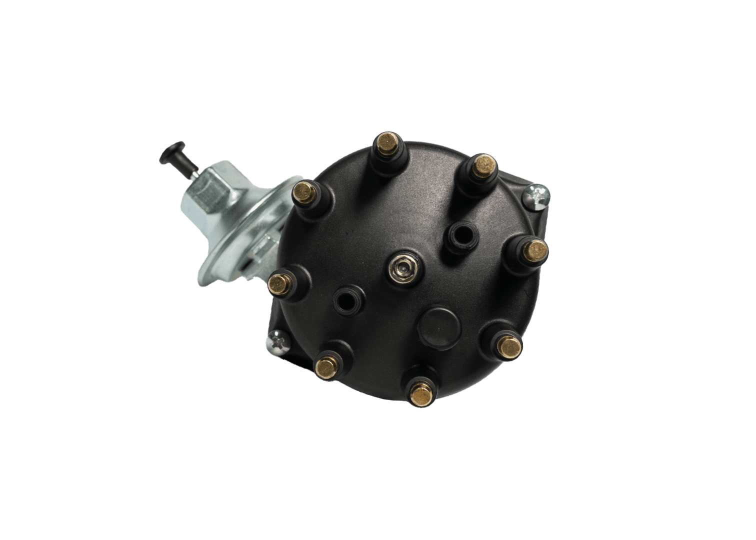 Black mechanical component with multiple connectors.