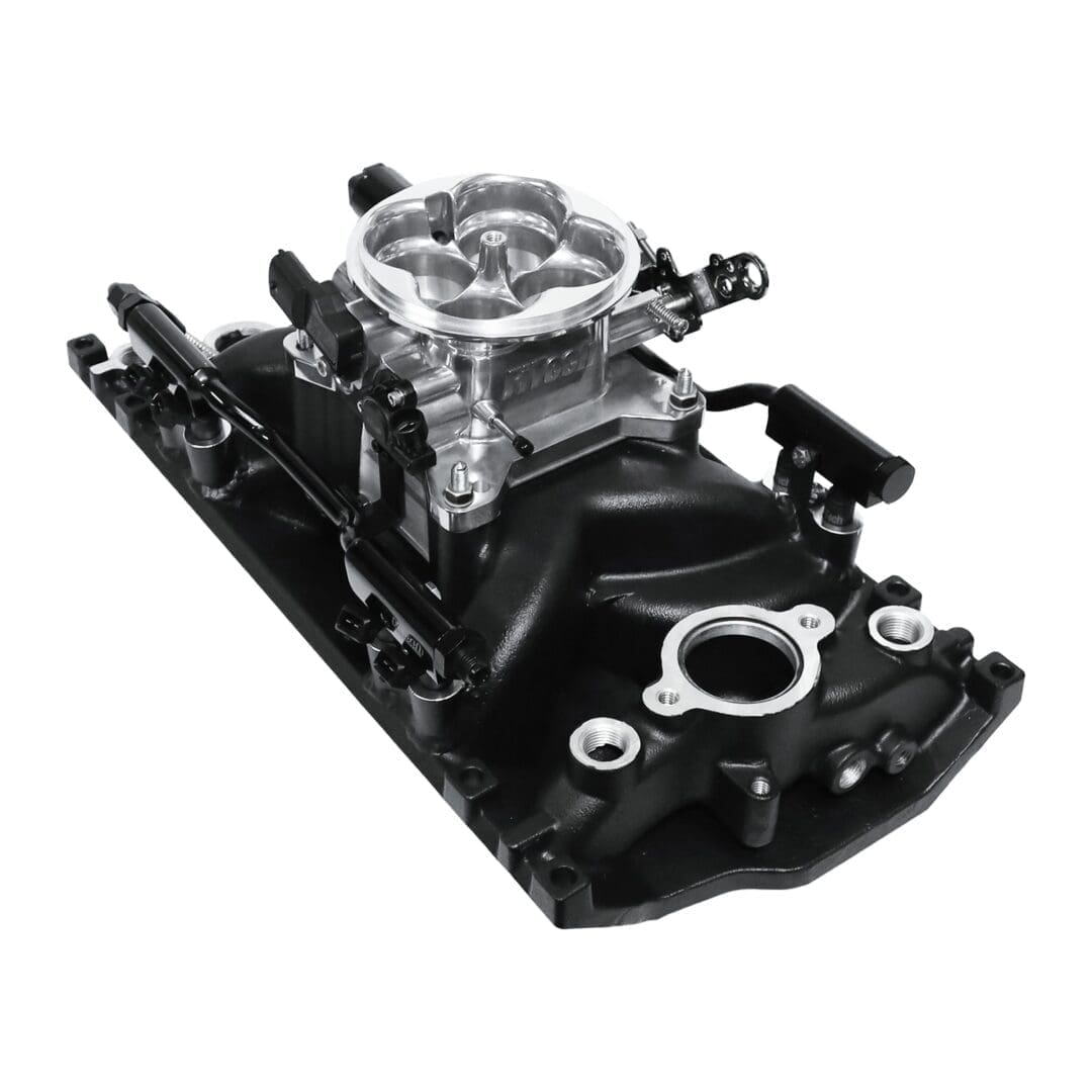 Car engine intake manifold on white background.