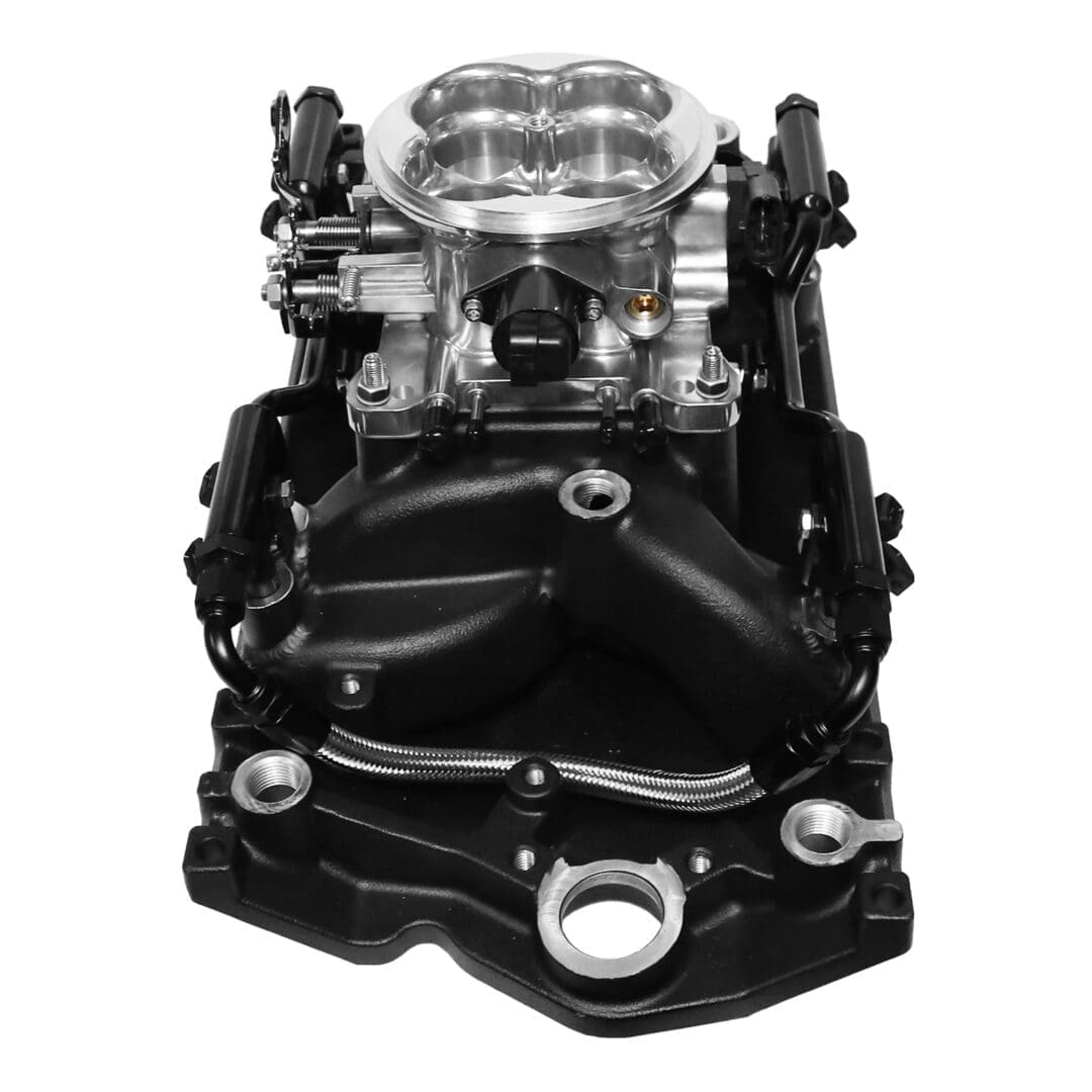 Car engine intake manifold with throttle body.