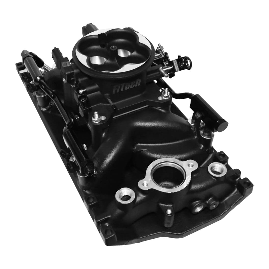 Fuel injection system on black intake manifold.