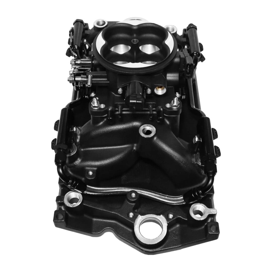 Engine intake manifold, black, top view.
