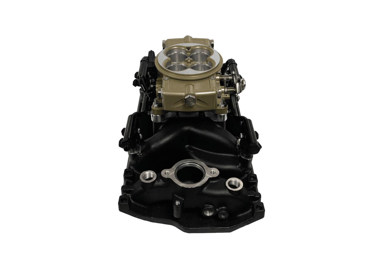 Carburetor on black intake manifold, isolated.