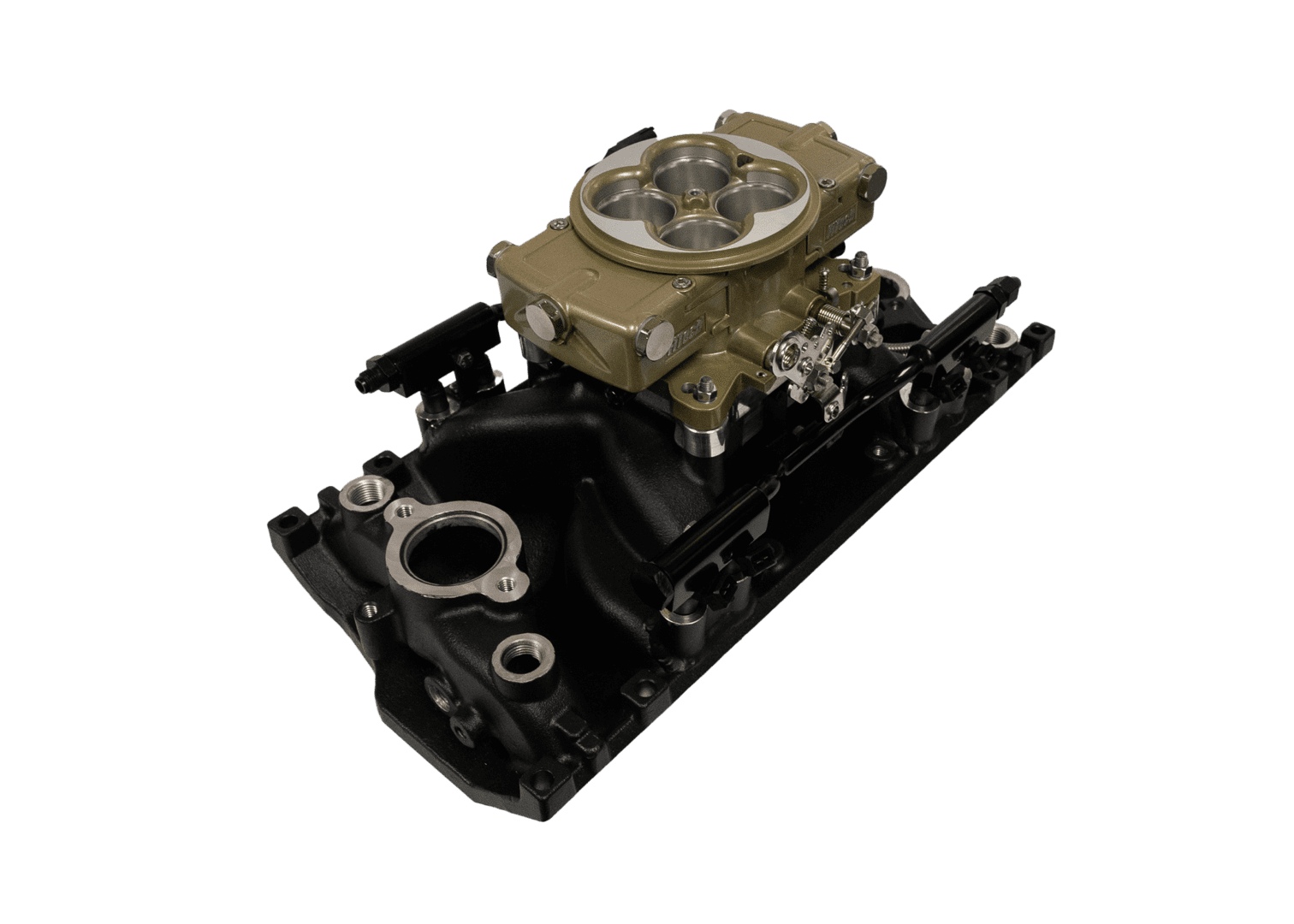 Carburetor on black intake manifold, isolated.