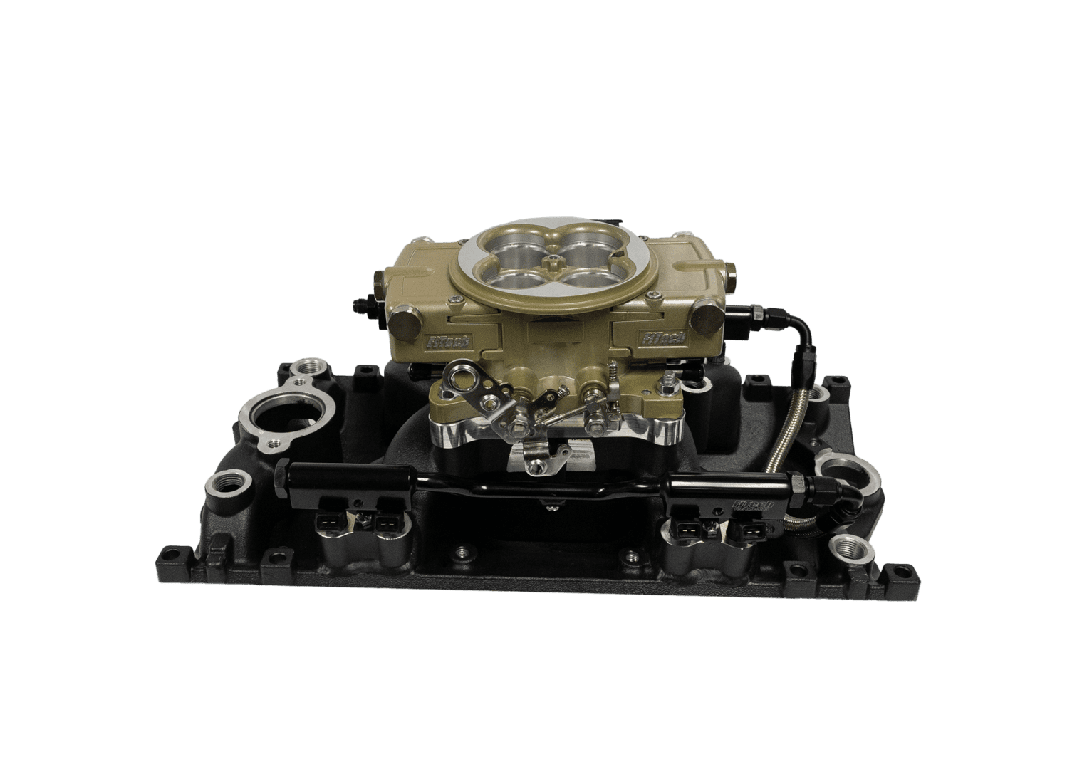 Carburetor on a black engine manifold.