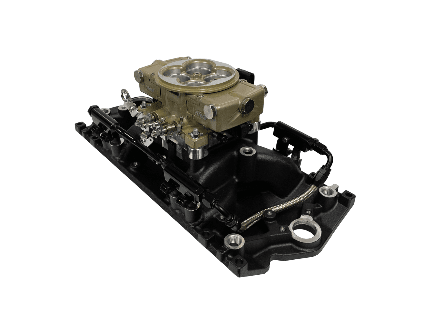 Carburetor on black intake manifold, isolated.