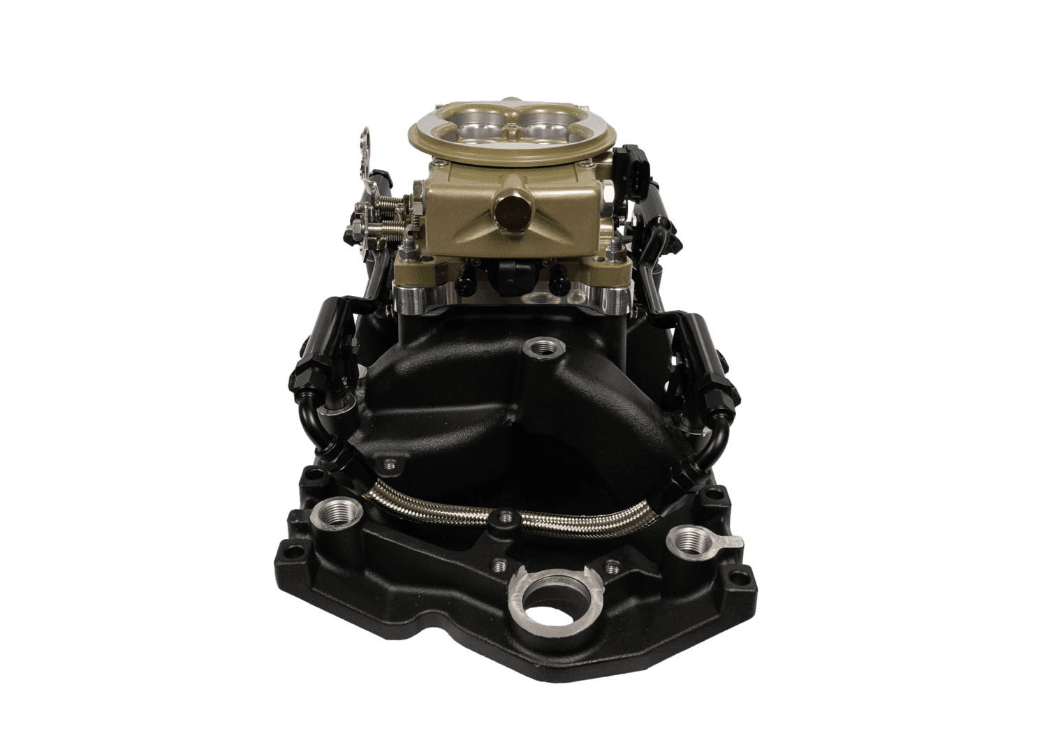 Engine carburetor on black background.