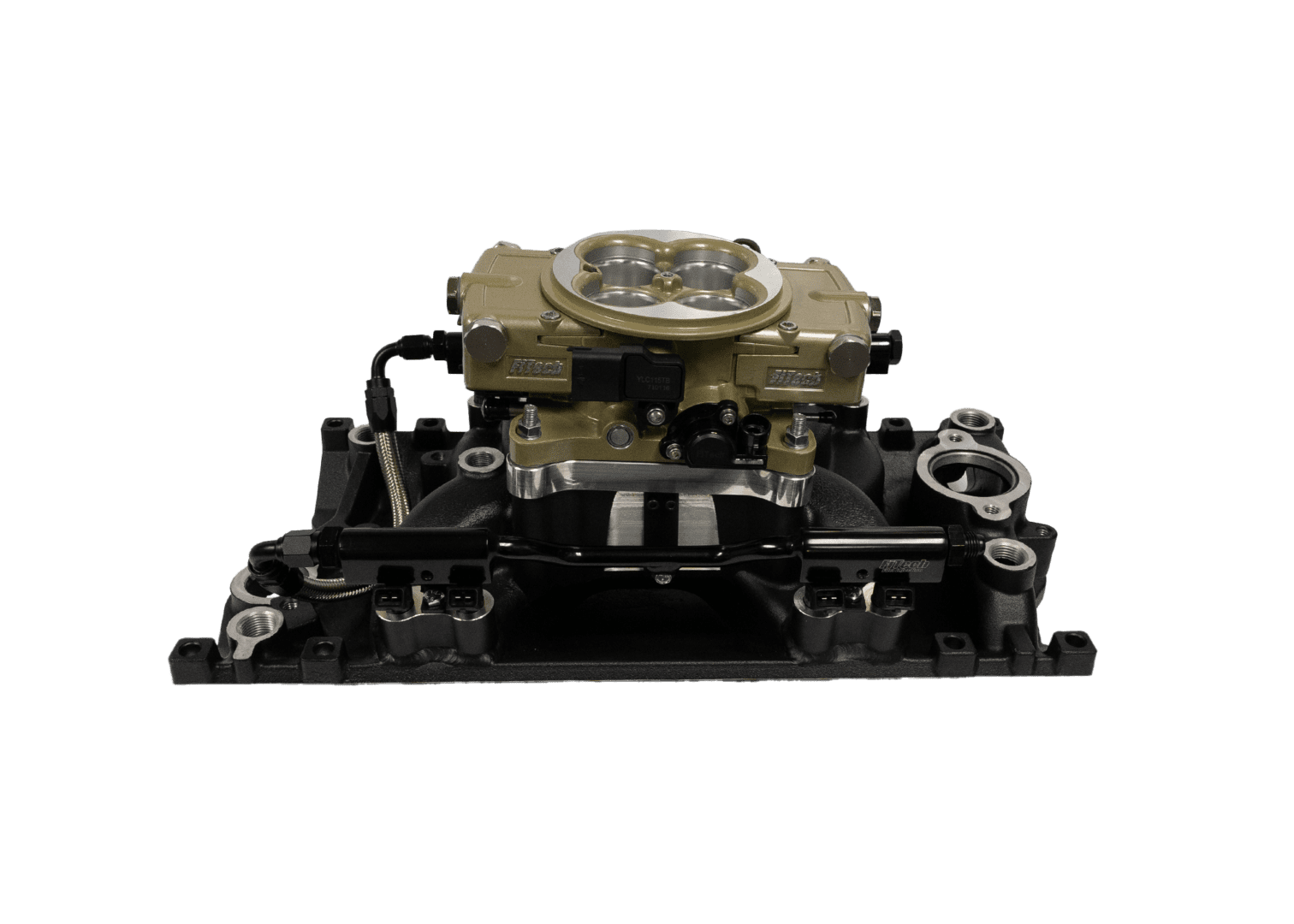 Automotive carburetor on black background.