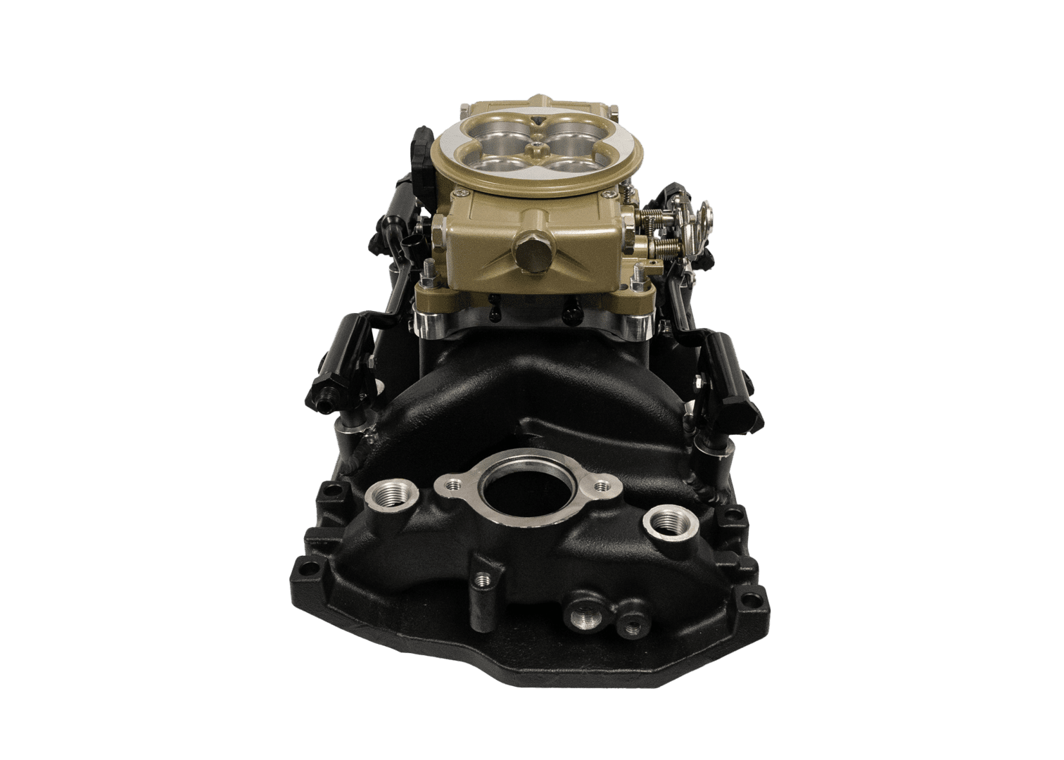 Car engine carburetor on black background.