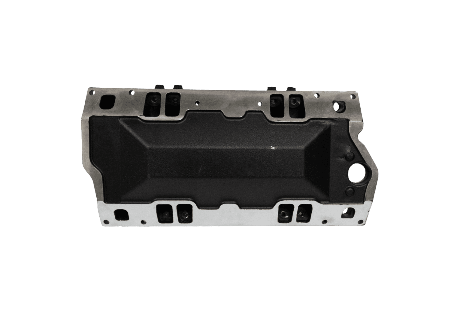 Metal engine cover on black background.