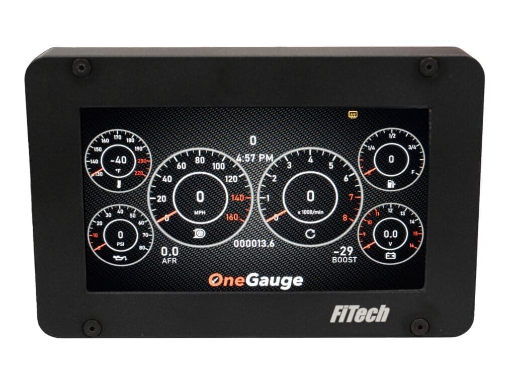 Digital automotive display with multiple gauges.