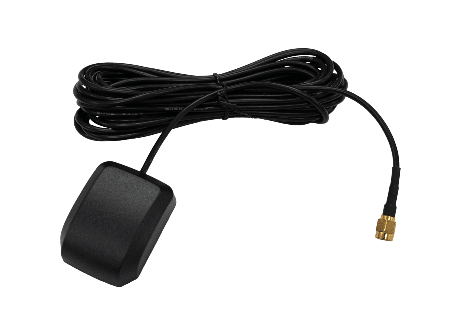 Black GPS antenna with long cable attached.